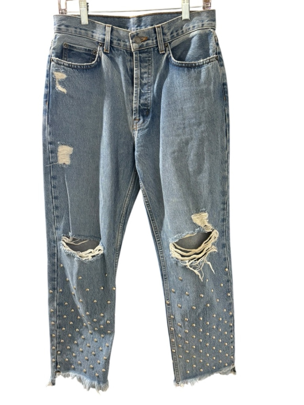 Carmar Women's Blue Straight Leg Jeans‎ Distressed Silver Stud Detail Size 29